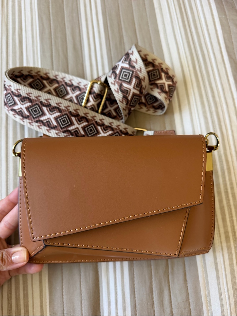 Women's Brown Leather-Look Crossbody Bag with Patterned Strap